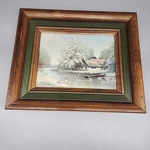 Vintage Landscape Oil Painting On Wood Woodland River Cabin Lake Framed 1953
